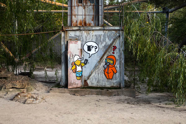 Graffiti at the base of the Duga-1 radar antenna, referencing the game Pokémon Go.